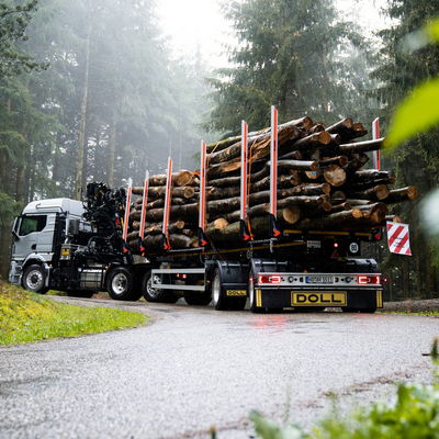 Srebrna ciężarówka do transportu drewna z załadowaną przyczepą jedzie mokrą drogą przez mglisty las.