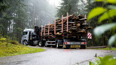 A silver logging truck with a loaded trailer drives on a rain-soaked road through a foggy forest.